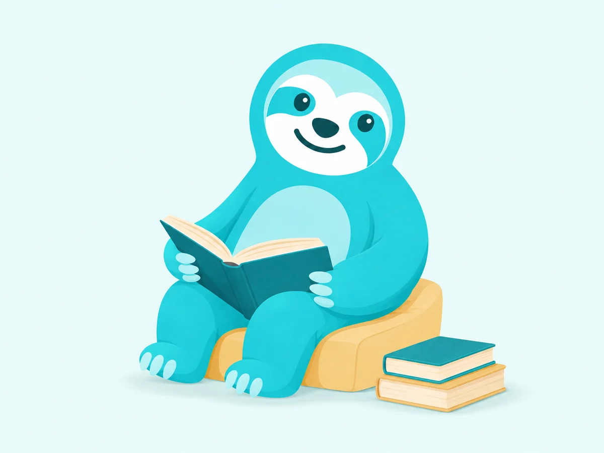 Colexia’s turquoise sloth sharing a quiet moment with an open book