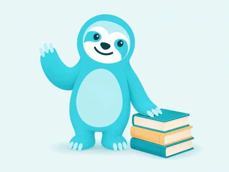 The Colexia sloth offering a friendly wave beside a stack of books