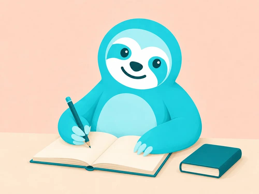 The Colexia sloth thoughtfully writing in a notebook